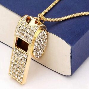 Goldtone Crystal Whistle Necklace Pendant Perfect for Coaches, Teachers